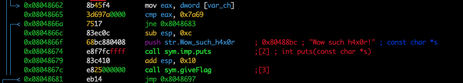 radare2 disassembly of main in crackme7, showing cmp eax, 0x7a69 before the giveFlag call